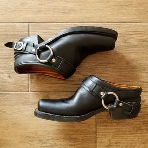 FRYE Biker Belted Harness Mules, Blk Leather, Sz 8